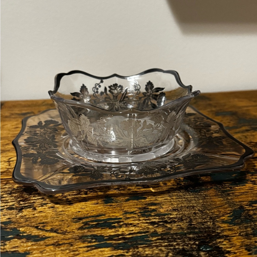 Elegant Clear Glass Bowl with Silver Floral Design